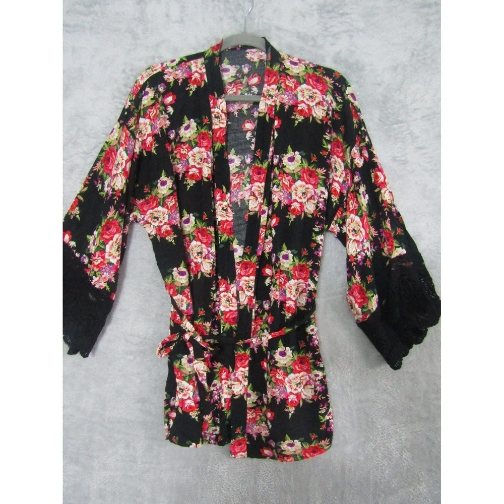 VTG 90s Black‎ Floral Kimono Robe Lace Trim Tie Front Boho Cover Up